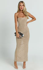 Terri Maxi Dress - Diamante Square Neck Bodycon Dress in Nude