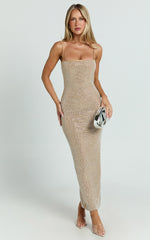 Terri Maxi Dress - Diamante Square Neck Bodycon Dress in Nude