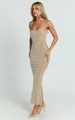 Terri Maxi Dress - Diamante Square Neck Bodycon Dress in Nude