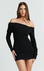 Tess Mini Dress - Asymmetric Off Shoulder Long Sleeve Knit Dress in Black