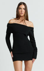 Tess Mini Dress - Asymmetric Off Shoulder Long Sleeve Knit Dress in Black