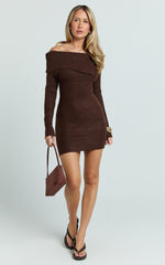 Tess Mini Dress - Asymmetric Off Shoulder Long Sleeve Knit Dress in Chocolate