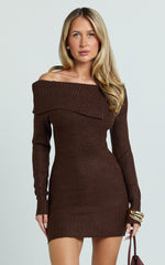Tess Mini Dress - Asymmetric Off Shoulder Long Sleeve Knit Dress in Chocolate