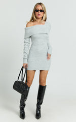 Tess Mini Dress - Asymmetric Off Shoulder Long Sleeve Knit Dress in Light Grey Marl