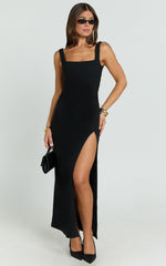 Tessa Maxi Dress - Square Neck Ruched Side Bodycon Dress in Black