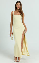Tessa Maxi Dress - Square Neck Ruched Side Bodycon Dress in Lemon