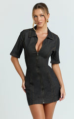Tessie Mini Dress - Zip Front Collared Denim Mini Dress in Black