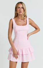 Thalia Mini Dress - Scoop Neck Ruffle Hem Dress in Baby Pink