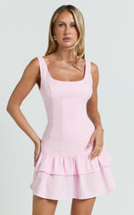 Thalia Mini Dress - Scoop Neck Ruffle Hem Dress in Baby Pink