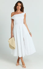 Theadore Midi Dress - Tip Shoulder Fit And Flare Dress in White
