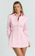 Thelma Mini Dress - Button Front Pleat Waist Tulip Skirt Shirtdress in Pink