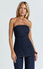 Tianna Top - Strapless Longline Denim Top in Indigo Wash