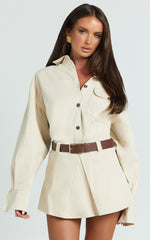 Tiffany Top - Long Sleeve Oversized Utility Button Down Shirt in Stone