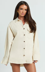 Tiffany Top - Long Sleeve Oversized Utility Button Down Shirt in Stone