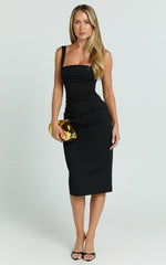 Tiffy Midi Dress - Square Neck Ruched Bodycon Dress in Black