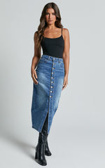 Tina Midi Skirt - High Waist Button Through Recycled Denim Skirt in Mid Blue Wash