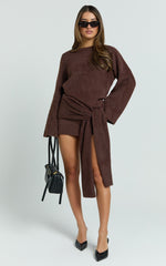 Tisdale Mini Dress - Wrap Skirt Fluffy Knit Jumper Dress in Chocolate