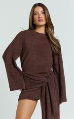 Tisdale Mini Dress - Wrap Skirt Fluffy Knit Jumper Dress in Chocolate