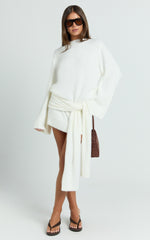 Tisdale Mini Dress - Wrap Skirt Fluffy Knit Jumper Dress in Cream