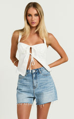 Tisdale Shorts - High Waist Frayed Hem Recycled Denim Mom Shorts in Mid Blue Wash