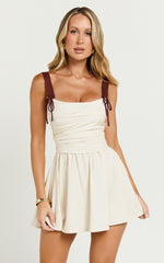 Tommy Mini Dress - Linen Ruched Bodice Laced Back Gathered Skirt Dress in Cream