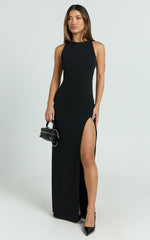 Tonya Maxi Dress - High Neck Cross Back Bodycon Dress in Black