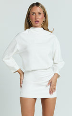 Tonya Mini Dress - High Neck Drop Shoulder Tulip Sleeve Top in White