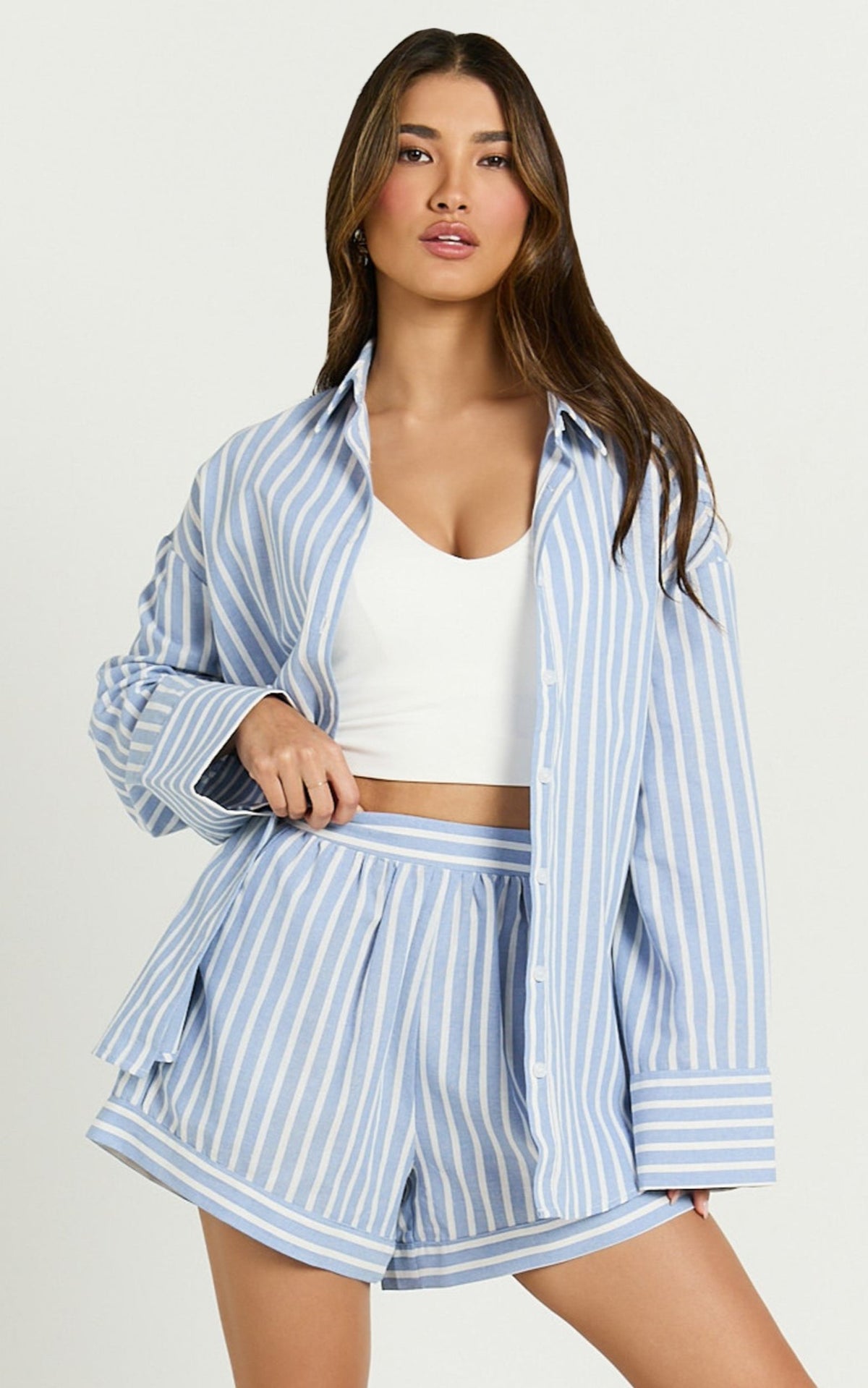 Tori Shorts - High Waist A Line Stripe Shorts in Light Blue Stripe