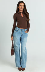 Tove Top - Long Sleeve Collared Polo Top in Dark Chocolate