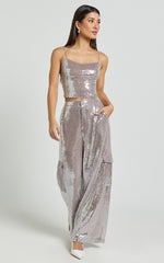 Tricia Pants - Mid Waist Cargo Pocket Sequin Pants in Grey