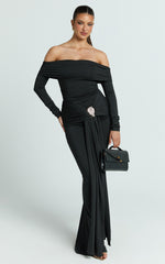 Trish Maxi Dress - Off Shoulder Hardware Trim Bodycon Dress in Black