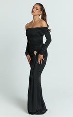Trish Maxi Dress - Off Shoulder Hardware Trim Bodycon Dress in Black
