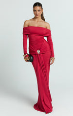 Trish Maxi Dress - Off Shoulder Hardware Trim Bodycon Dress in Cherry