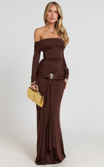 Trish Maxi Dress - Off Shoulder Hardware Trim Bodycon Dress in Chocolate