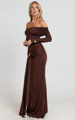 Trish Maxi Dress - Off Shoulder Hardware Trim Bodycon Dress in Chocolate