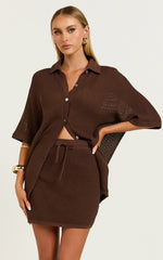 Tristan Mini Skirt - Crochet Knit Drawstring Skirt in Chocolate