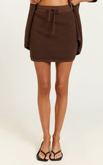 Tristan Mini Skirt - Crochet Knit Drawstring Skirt in Chocolate