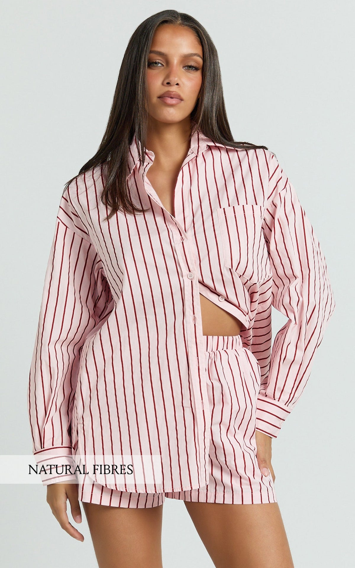 Tristan Top - Oversized Button Down Long Sleeve Striped Shirt in Pink
