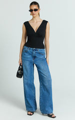 Trudy Top - V Neck Lace Trim Sleeveless Rib Top in Black