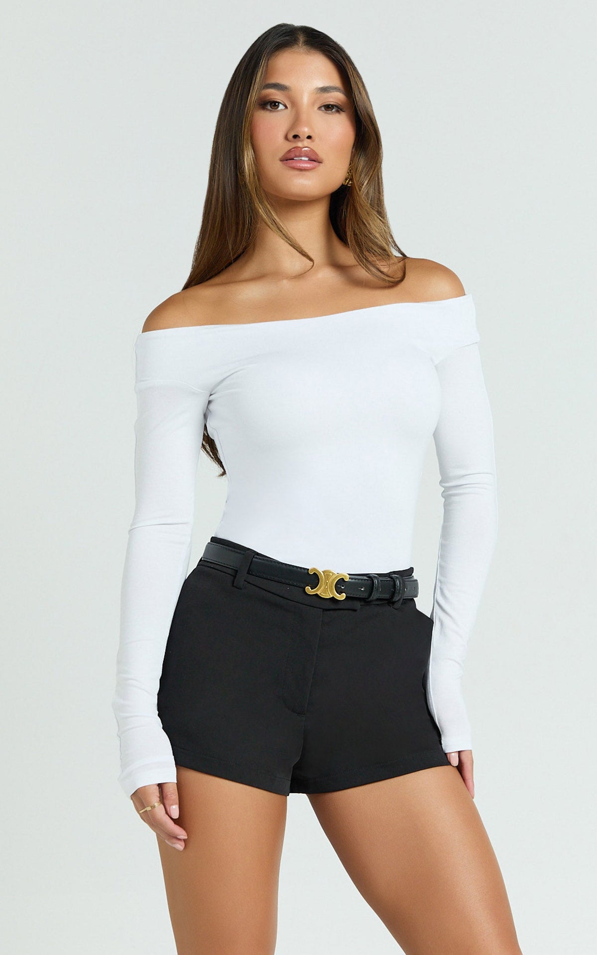 Twiggy Top - Off Shoulder Long Sleeve Fitted Top in White