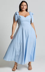 Tymia Midi Dress - Shoulder Tie Bustier Shirred Back A Line in Pastel Blue