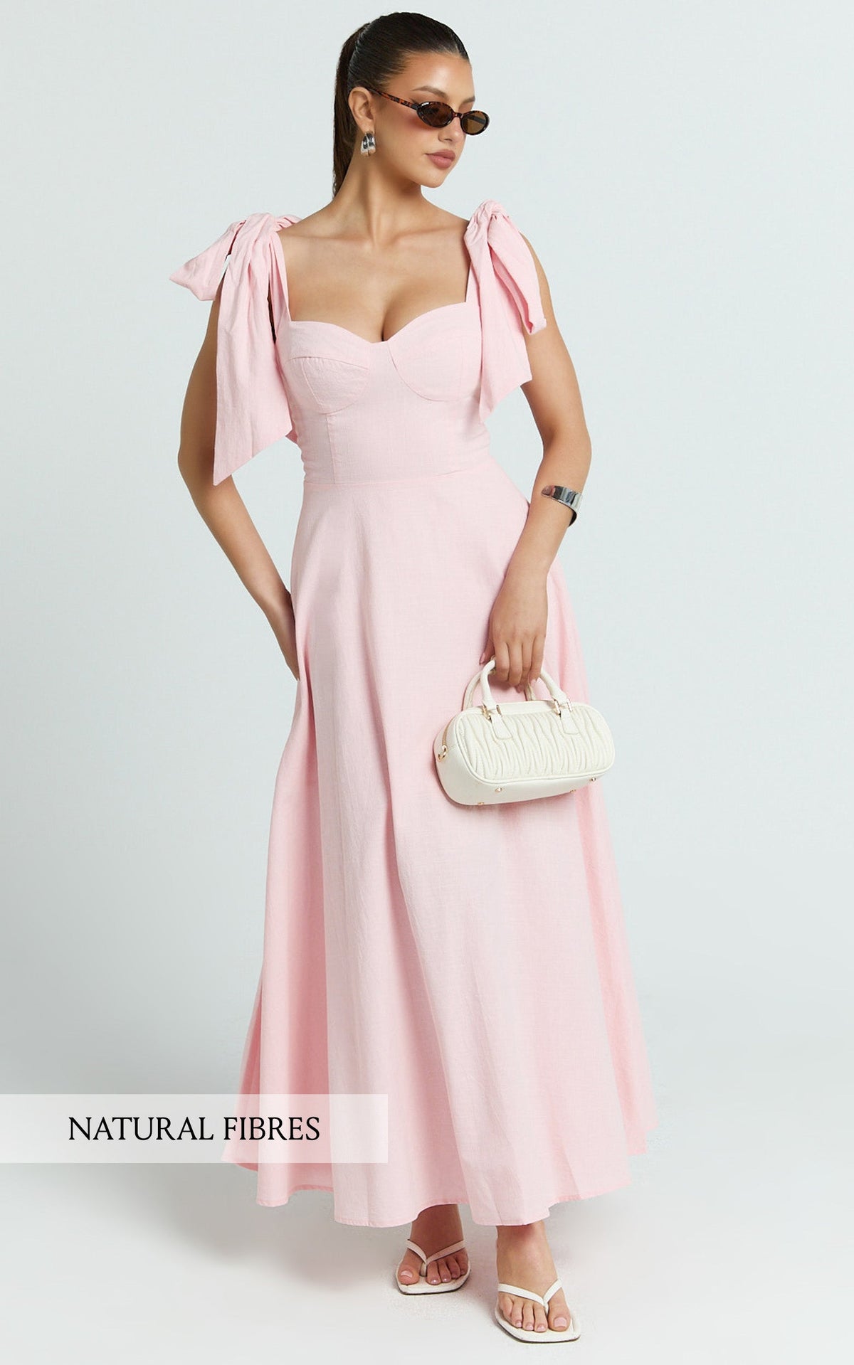 Tymia Midi Dress - Shoulder Tie Bustier Shirred Back A Line in Pink