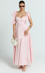 Tymia Midi Dress - Shoulder Tie Bustier Shirred Back A Line in Pink