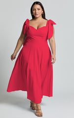 Tymia Midi Dress - Shoulder Tie Bustier Shirred Back A Line in Red