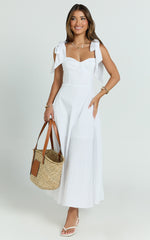 Tymia Midi Dress - Shoulder Tie Bustier Shirred Back A Line in White