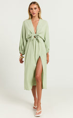 Tyricia Midi Dress - Long Sleeve Tie Front Cut Out Dress in Sage