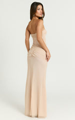 Uma Maxi Dress - Glitter Tulle Strapless Ruched Side Dress in Nude
