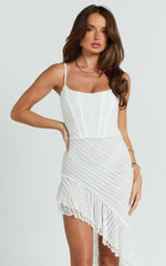 Uma Mini Dress - Strappy Scoop Neck Ruffle Hem Fitted Dress in White