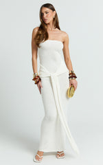 Ursula Maxi Dress - Strapless Tie Waist Boucle Knit Dress in Off White