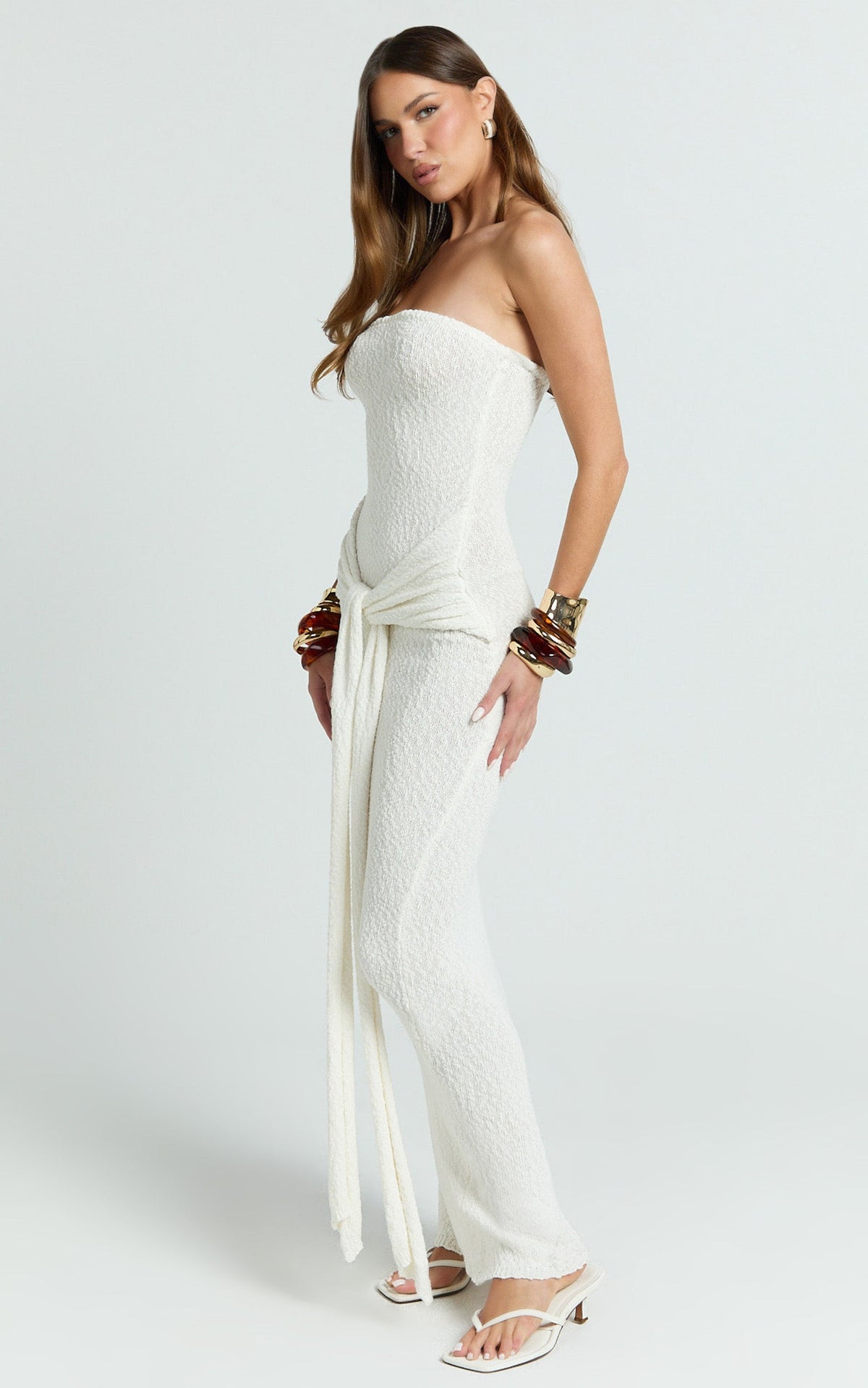 Ursula Maxi Dress - Strapless Tie Waist Boucle Knit Dress in Off White